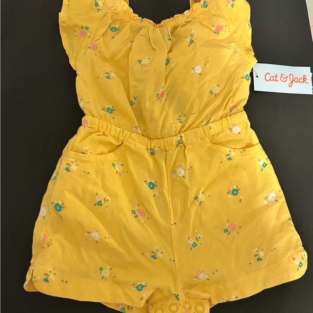 NWT Cat & Jack Yellow Floral Girls' Romper With Flutter Sleeves Size 12 Months